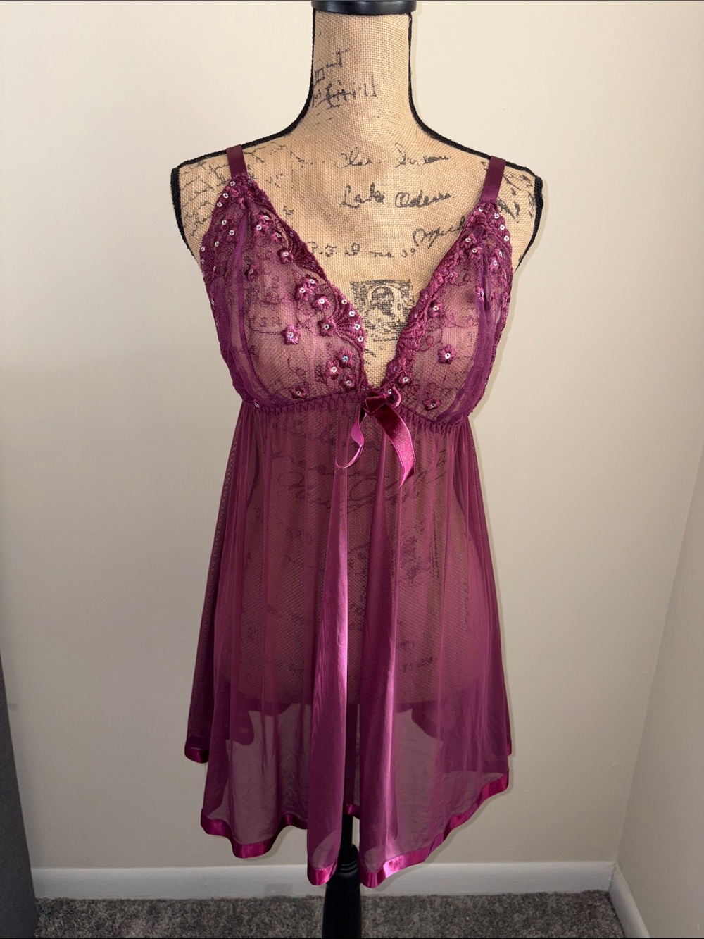 Vintage Sheer Embroidered Lace Babydoll Nightgown - Plum